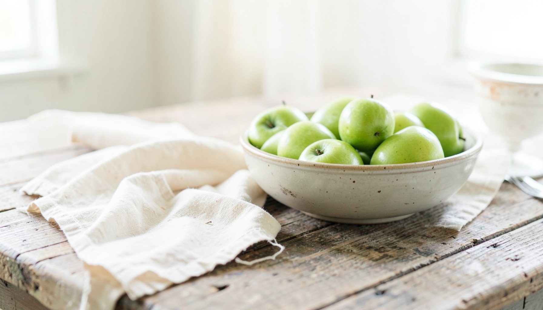 A warm, rustic still life of weathered wood, cream linen, and a bowl of green apples on a sun-washed farmhouse table, soft natural light
